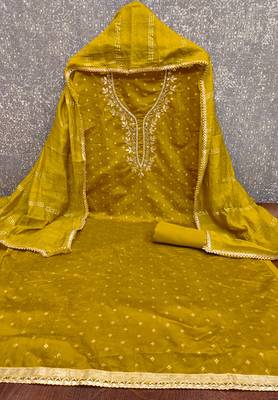 yellow weaved chanderi modal unstitched dress material  2