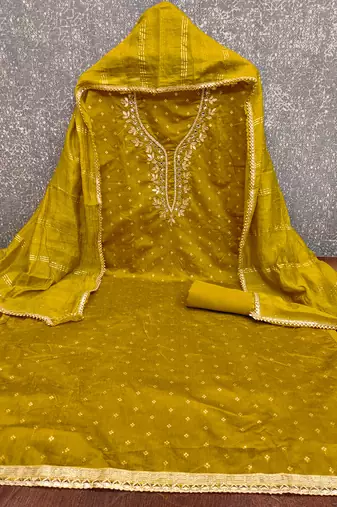 yellow weaved chanderi modal unstitched dress material 