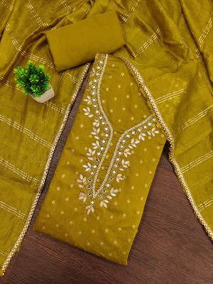 yellow weaved chanderi modal unstitched dress material  3