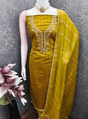 yellow weaved chanderi modal unstitched dress material  4