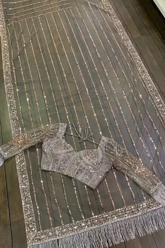 Taupe grey heavy butterfly net saree with 5mm sequins & multi thread embroidery work unstitched blouse