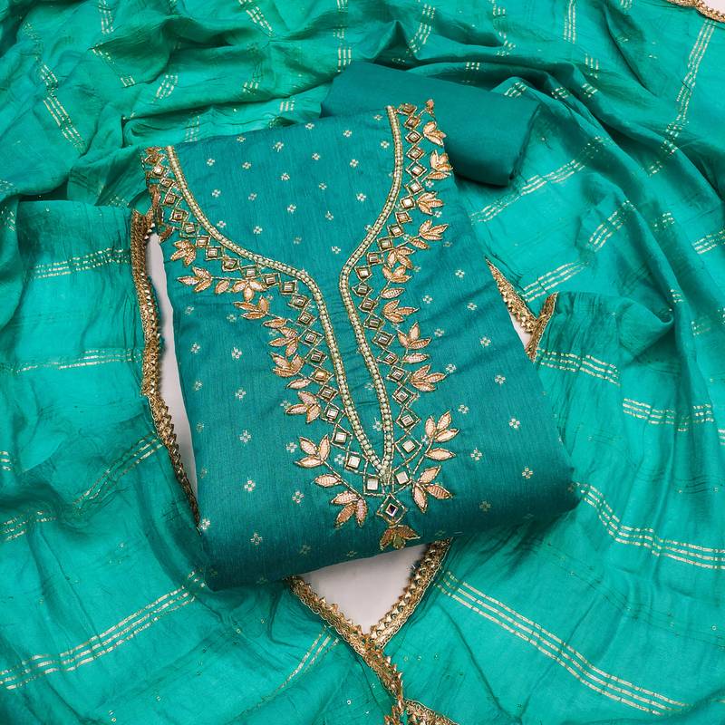 sea green weaved chanderi modal unstitched dress material 
