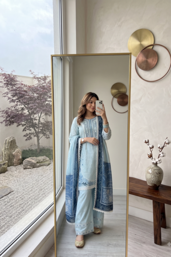 Sky blue embroidered kurti with farshi pant and dupatta set