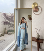 Sky blue embroidered kurti with farshi pant and dupatta set