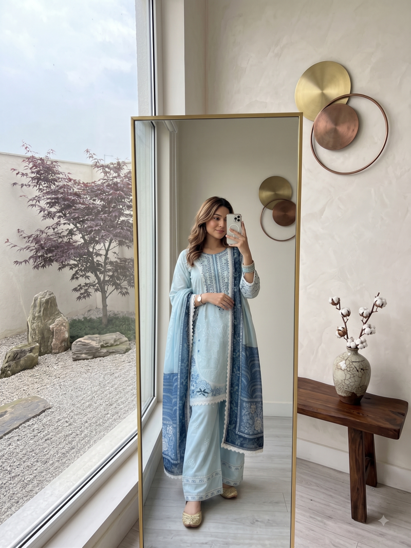 Sky blue embroidered kurti with farshi pant and dupatta set