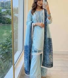 Sky blue embroidered kurti with farshi pant and dupatta set