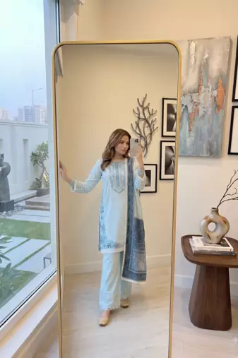Sky blue embroidered kurti with farshi pant and dupatta set