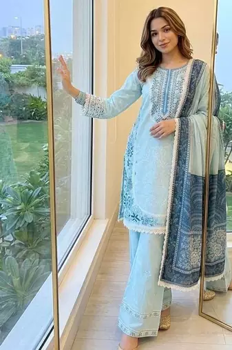 Sky blue embroidered kurti with farshi pant and dupatta set