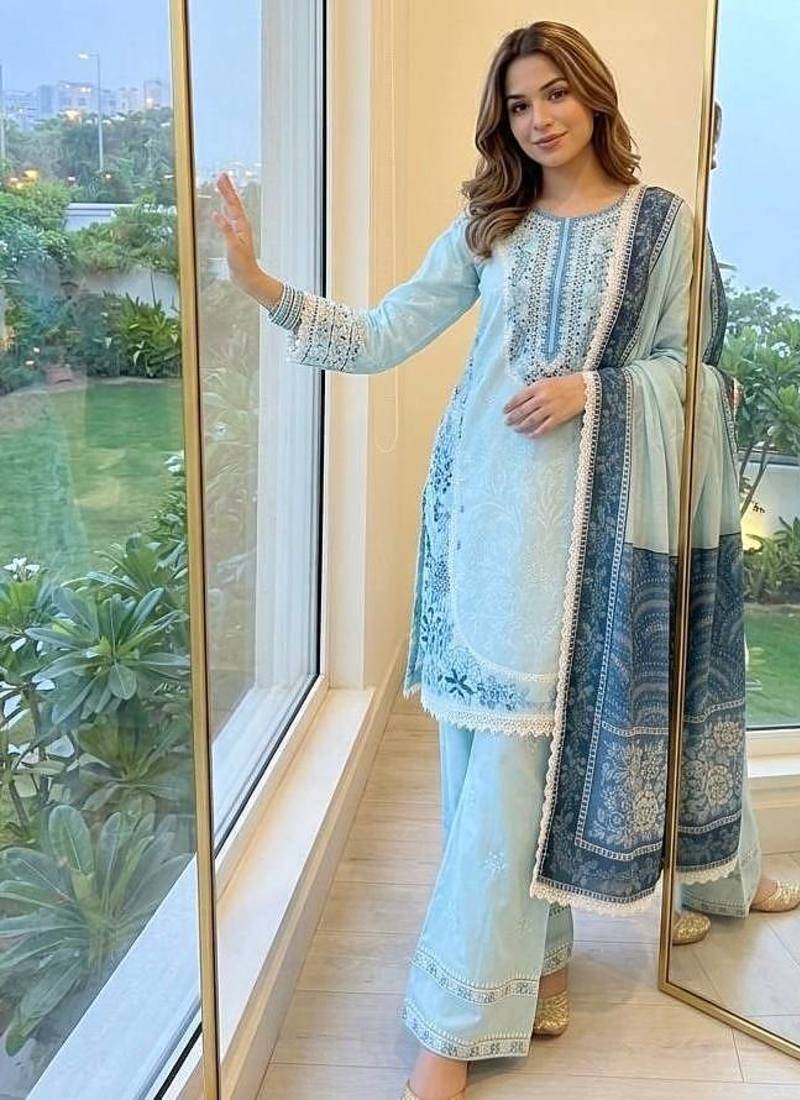 Sky blue embroidered kurti with farshi pant and dupatta set