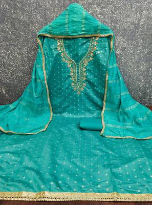sea green weaved chanderi modal unstitched dress material  2