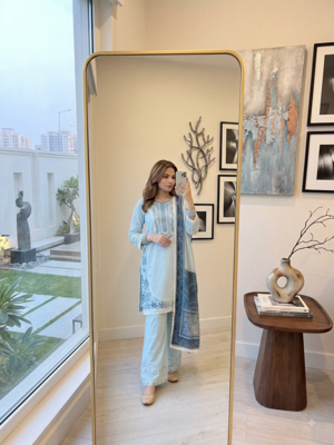 Sky blue embroidered kurti with farshi pant and dupatta set 3