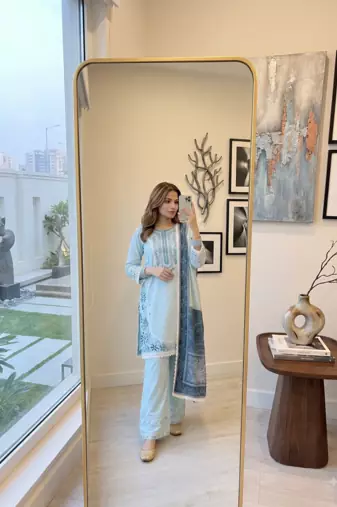 Sky blue embroidered kurti with farshi pant and dupatta set