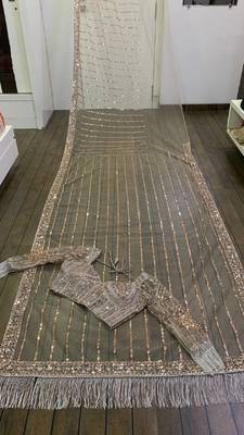 Taupe grey heavy butterfly net saree with 5mm sequins & multi thread embroidery work unstitched blouse 4
