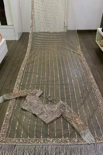 Taupe grey heavy butterfly net saree with 5mm sequins & multi thread embroidery work unstitched blouse