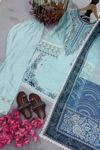 Sky blue embroidered kurti with farshi pant and dupatta set
