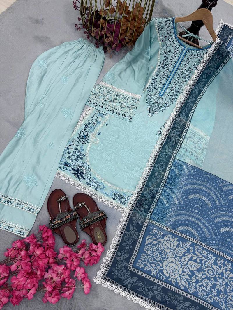 Sky blue embroidered kurti with farshi pant and dupatta set