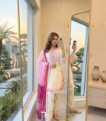 Off-white & pink embroidered kurti with farshi pant and dupatta set