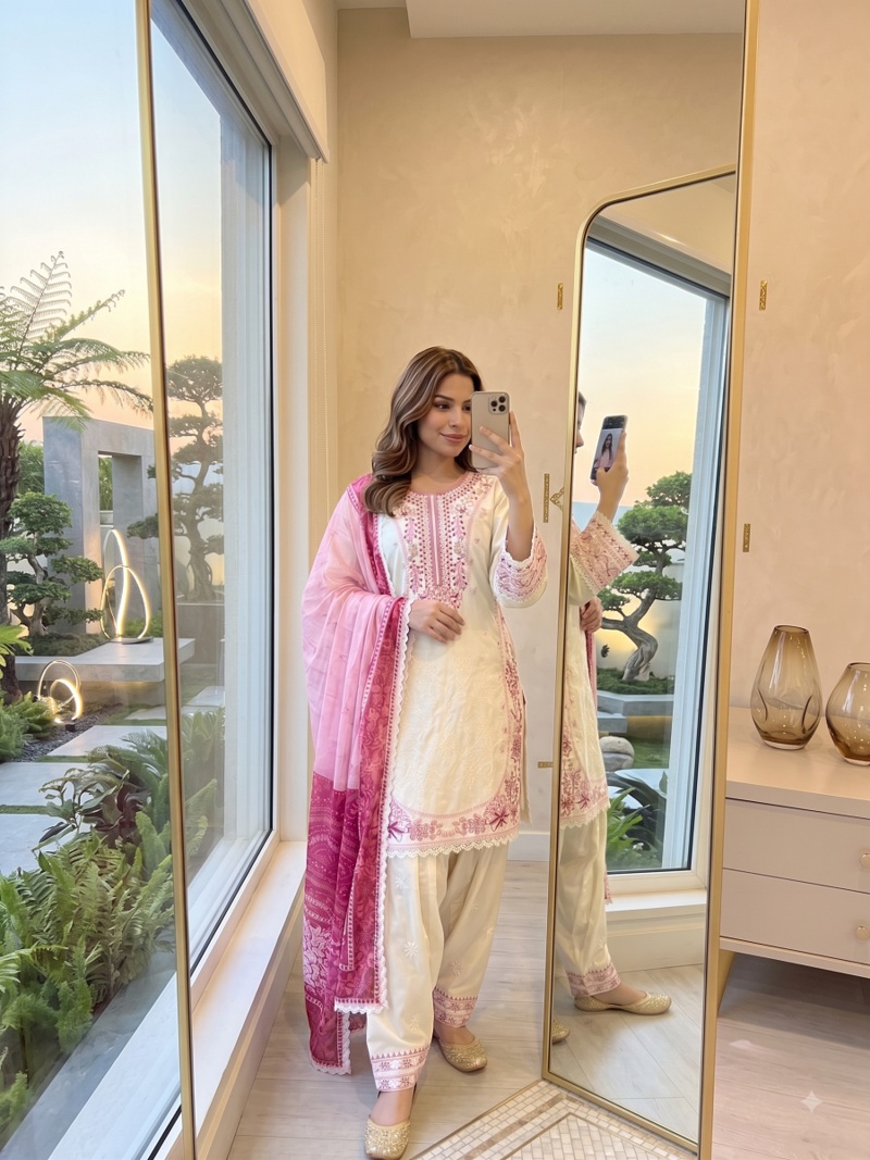 Off-white & pink embroidered kurti with farshi pant and dupatta set