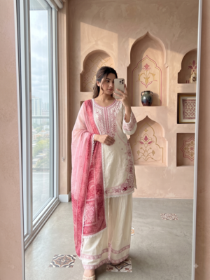 Off-white & pink embroidered kurti with farshi pant and dupatta set 2