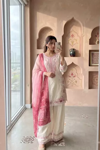 Off-white & pink embroidered kurti with farshi pant and dupatta set