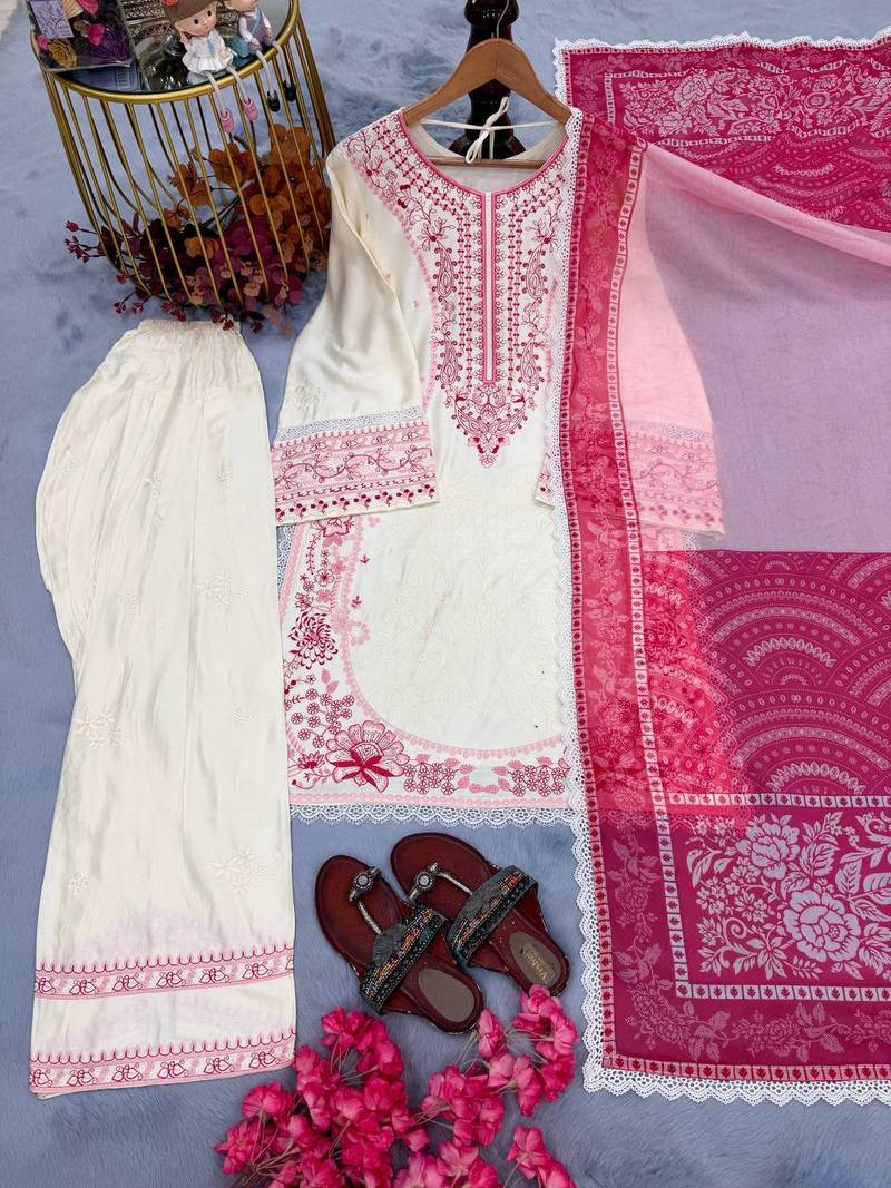 Off-white & pink embroidered kurti with farshi pant and dupatta set