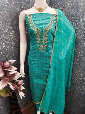 sea green weaved chanderi modal unstitched dress material  4