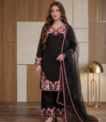 Party wear black colour  floral thread embroidery kurti set with farshi pant