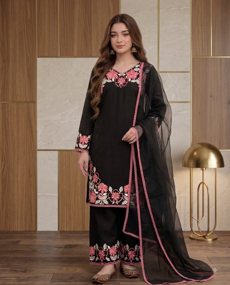 Party wear black colour  floral thread embroidery kurti set with farshi pant