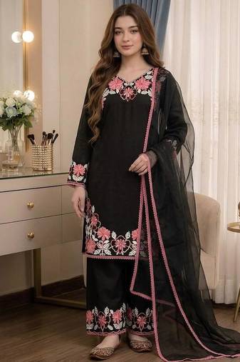 Party wear black colour  floral thread embroidery kurti set with farshi pant