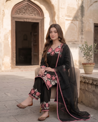 Party wear black colour  floral thread embroidery kurti set with farshi pant 2