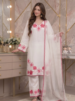 Party wear white colour floral thread embroidery kurti set with farshi pant 1