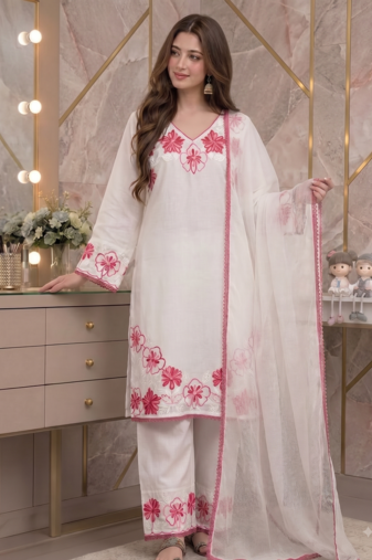 Party wear white colour floral thread embroidery kurti set with farshi pant