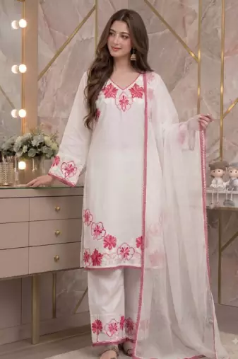 Party wear white colour floral thread embroidery kurti set with farshi pant