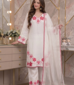 Party wear white colour floral thread embroidery kurti set with farshi pant