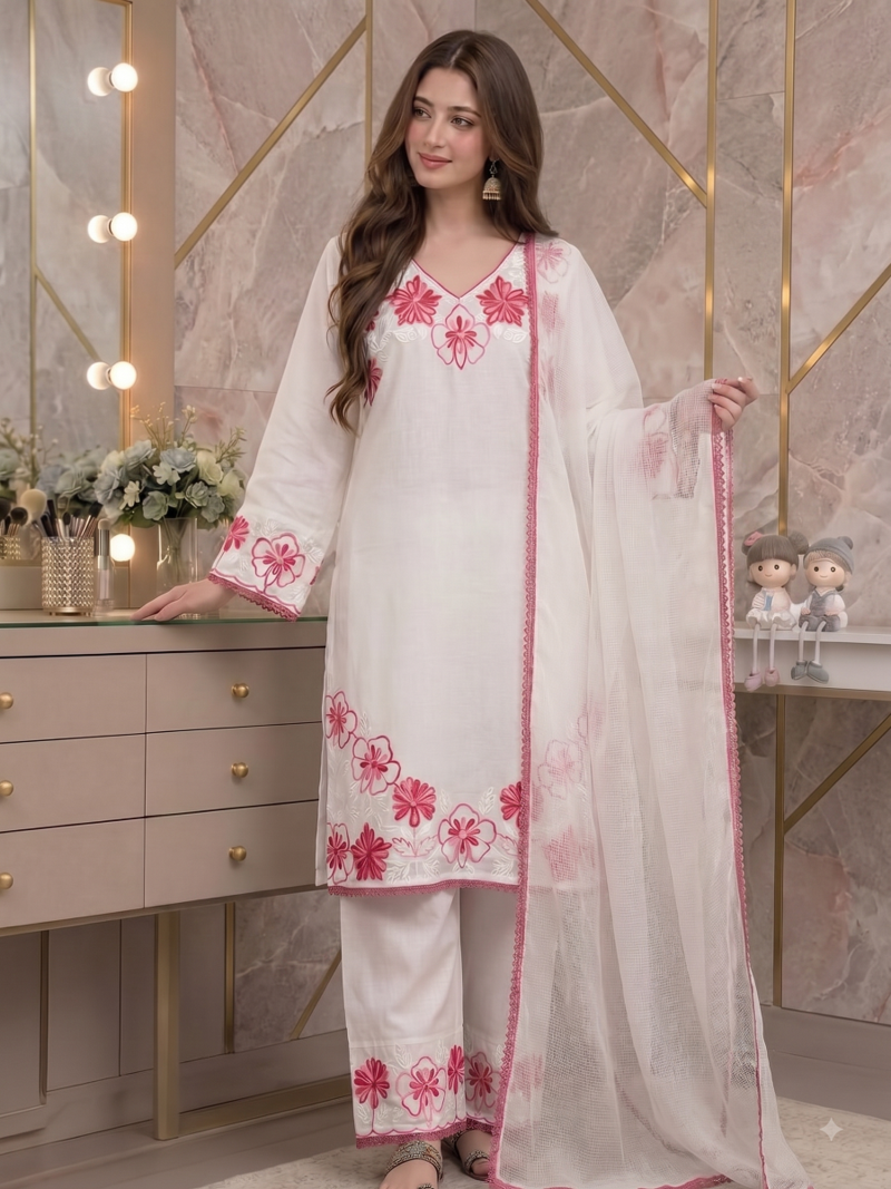 Party wear white colour floral thread embroidery kurti set with farshi pant