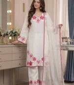 Party wear white colour floral thread embroidery kurti set with farshi pant