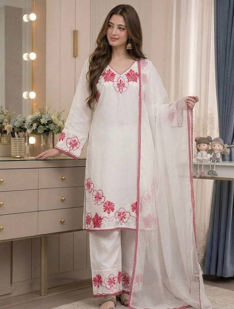 Party wear white colour floral thread embroidery kurti set with farshi pant