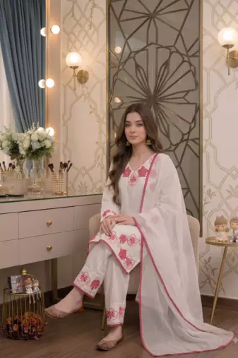 Party wear white colour floral thread embroidery kurti set with farshi pant