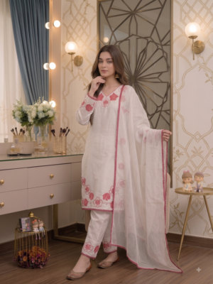 Party wear white colour floral thread embroidery kurti set with farshi pant 3