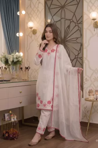 Party wear white colour floral thread embroidery kurti set with farshi pant