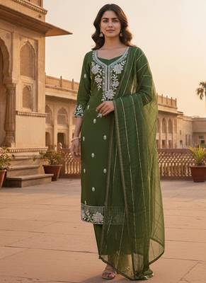green embroidered roman silk pv chanderi unstitched dress material  1