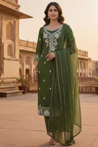 green embroidered roman silk pv chanderi unstitched dress material 