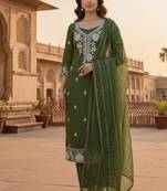 green embroidered roman silk pv chanderi unstitched dress material 