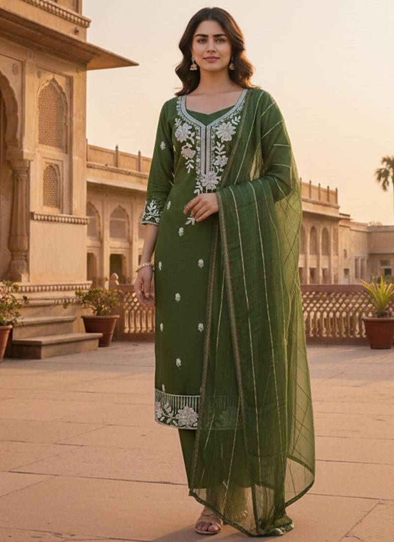 green embroidered roman silk pv chanderi unstitched dress material 