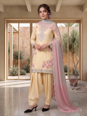 Women's yellow embroidered kurti with farshi pant and pink dupatta set 1