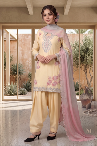 Women's yellow embroidered kurti with farshi pant and pink dupatta set