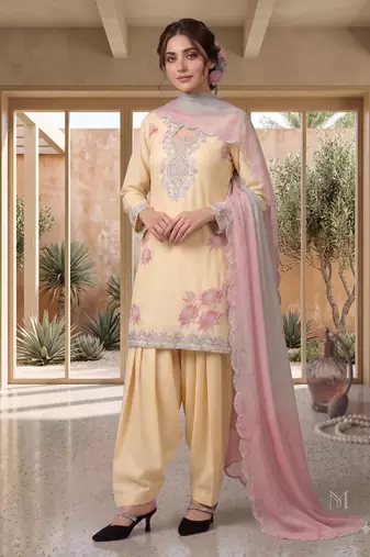 Women's yellow embroidered kurti with farshi pant and pink dupatta set