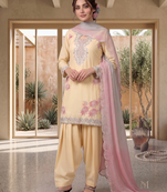 Women's yellow embroidered kurti with farshi pant and pink dupatta set