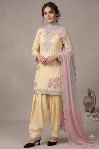 Women's yellow embroidered kurti with farshi pant and pink dupatta set
