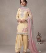 Women's yellow embroidered kurti with farshi pant and pink dupatta set